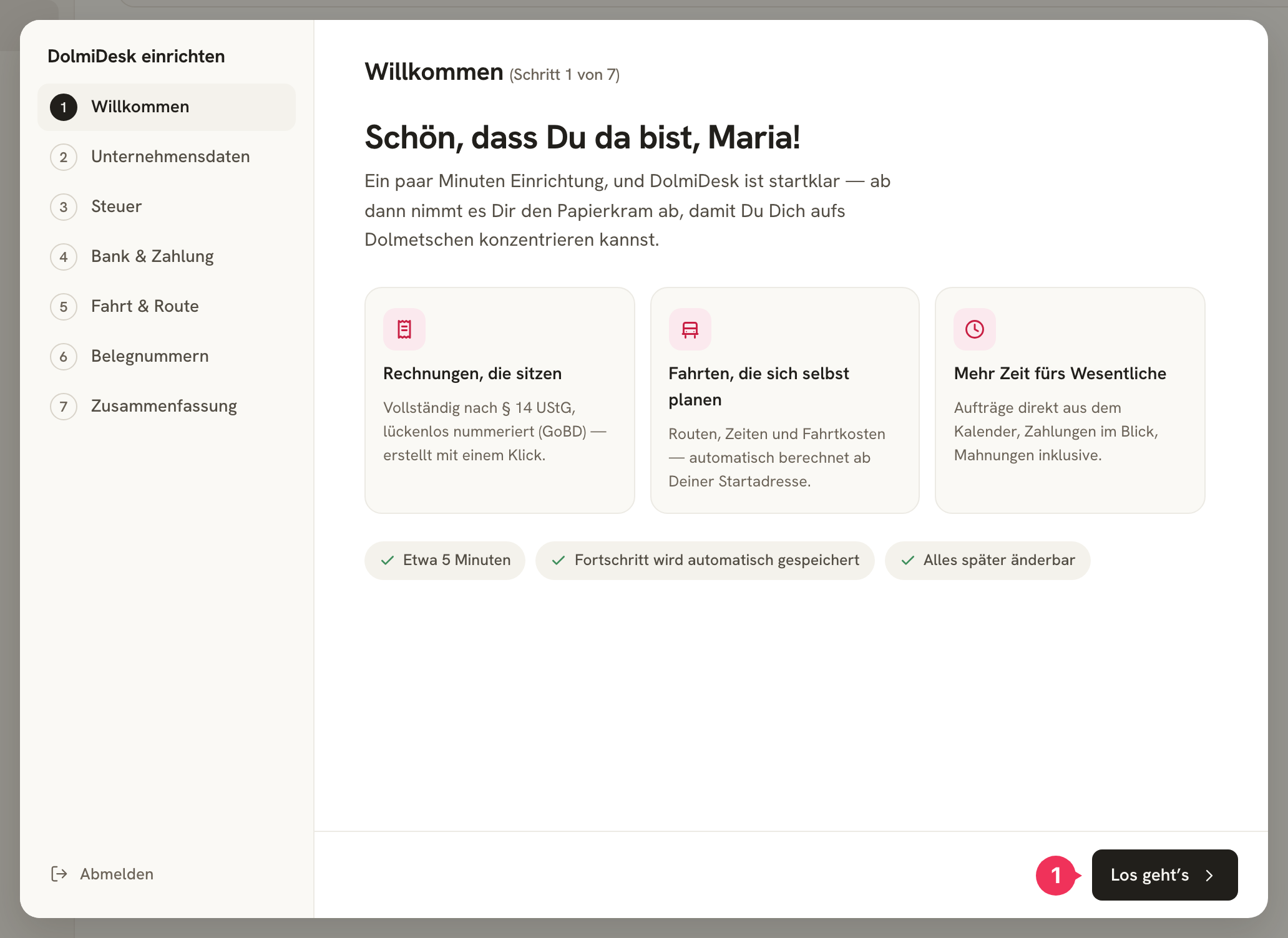 Startbildschirm des Einrichtungsassistenten mit der Schrittliste links und der markierten Schaltfläche „Los geht’s“