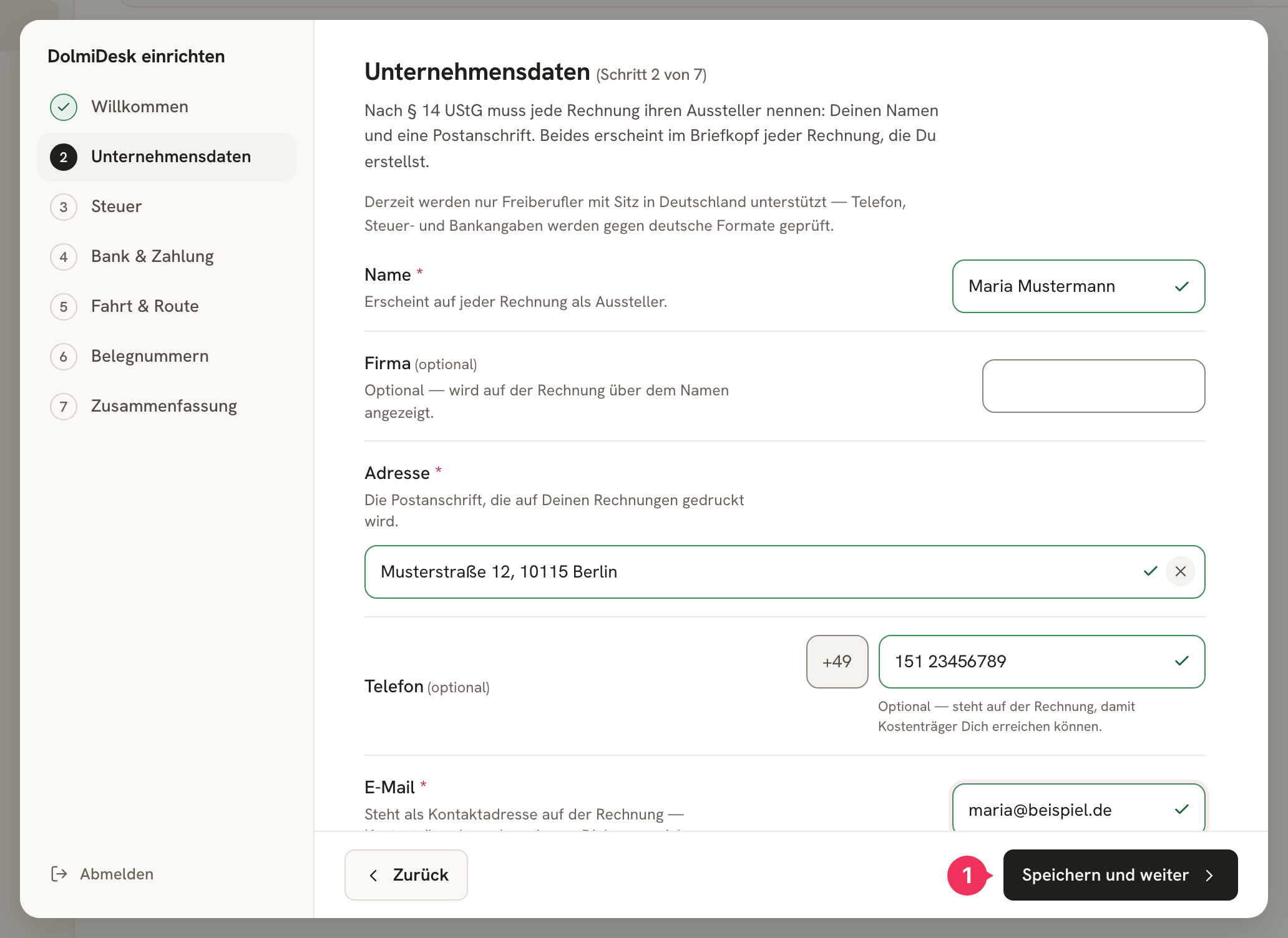 Schritt „Unternehmensdaten“ mit ausgefüllten Feldern und der markierten Schaltfläche „Speichern und weiter“