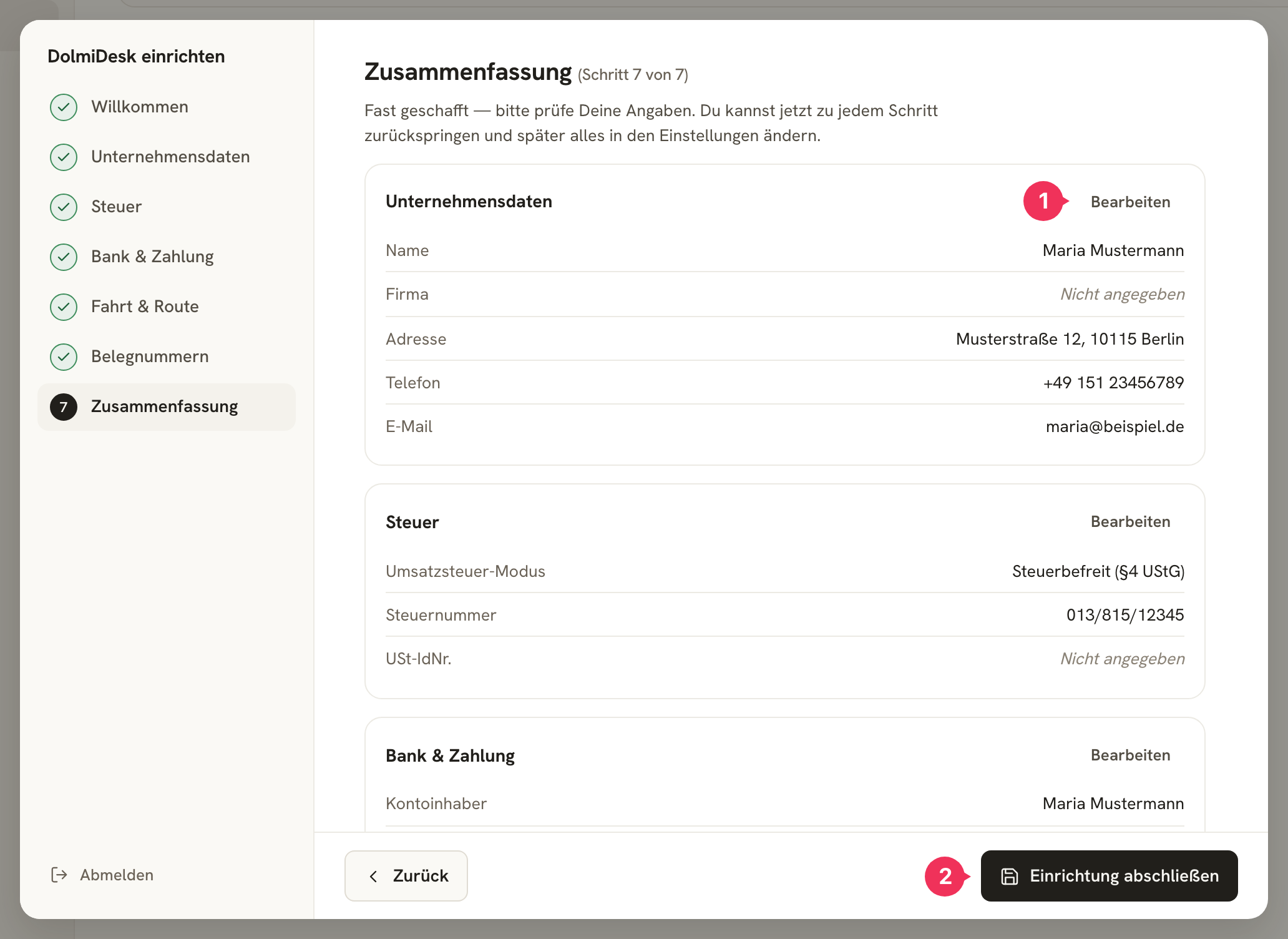 Schritt „Zusammenfassung“ mit allen Angaben, markierter Schaltfläche „Bearbeiten“ und markierter Schaltfläche „Einrichtung abschließen“