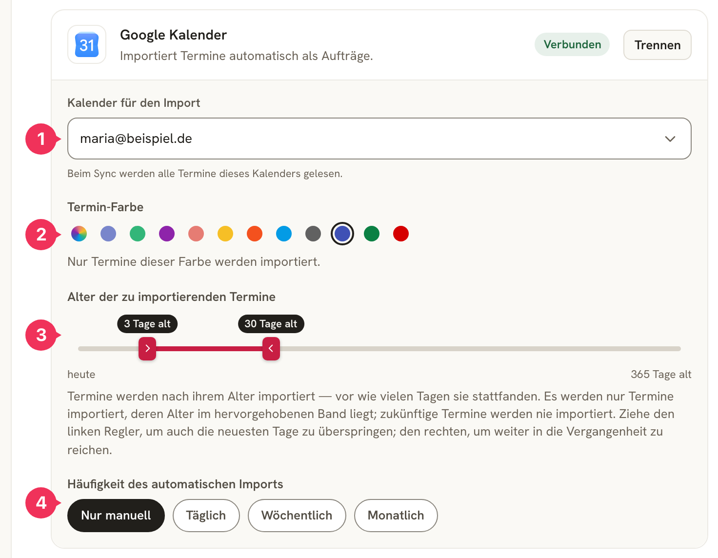 Karte „Google Kalender“ mit Status „Verbunden“, Auswahl des Kalenders, Termin-Farbe, Zeitfenster und Häufigkeit des automatischen Imports