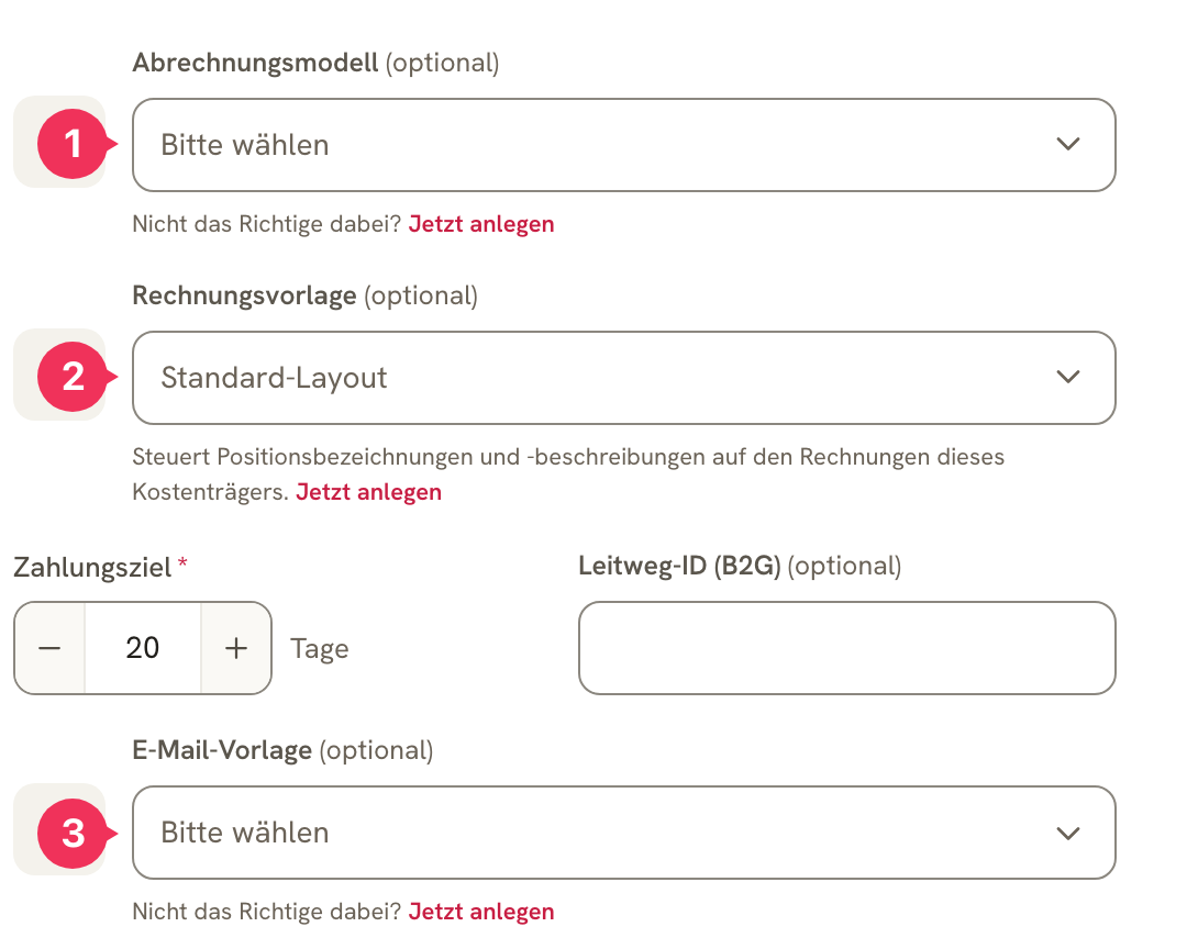 Abschnitt „Abrechnung“ im Kostenträger-Formular mit den markierten Auswahlfeldern Abrechnungsmodell, Rechnungsvorlage und E-Mail-Vorlage