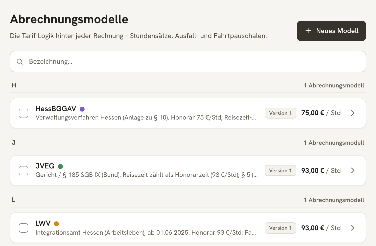 Liste der Abrechnungsmodelle mit HessBGGAV, JVEG und LWV samt Kurzbeschreibung und Stundensatz