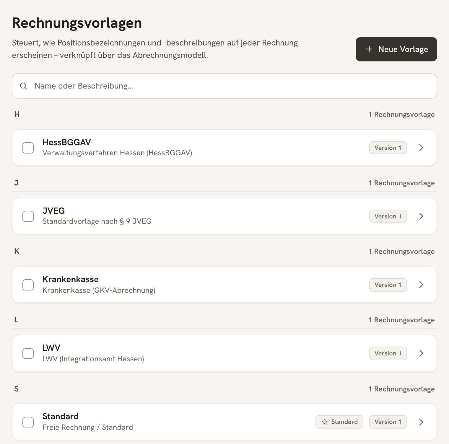 Liste der Rechnungsvorlagen mit HessBGGAV, JVEG, Krankenkasse, LWV und Standard