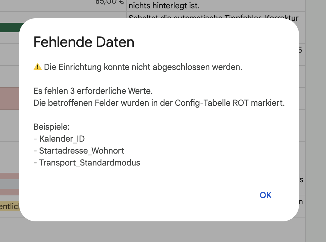 Screenshot des Hinweises auf fehlende Konfigurationsdaten