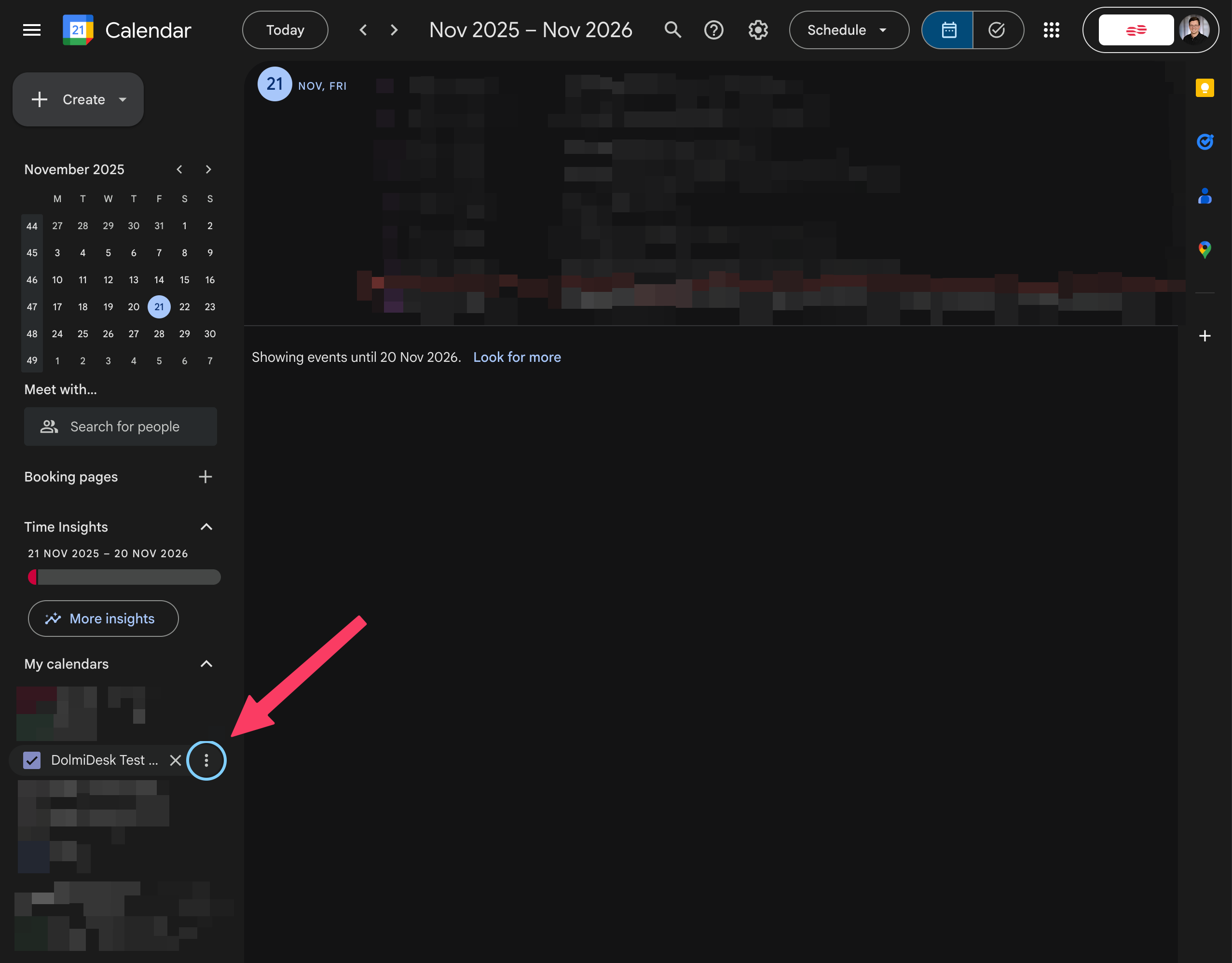 Screenshot der Kalender-Auswahl mit drei Punkten