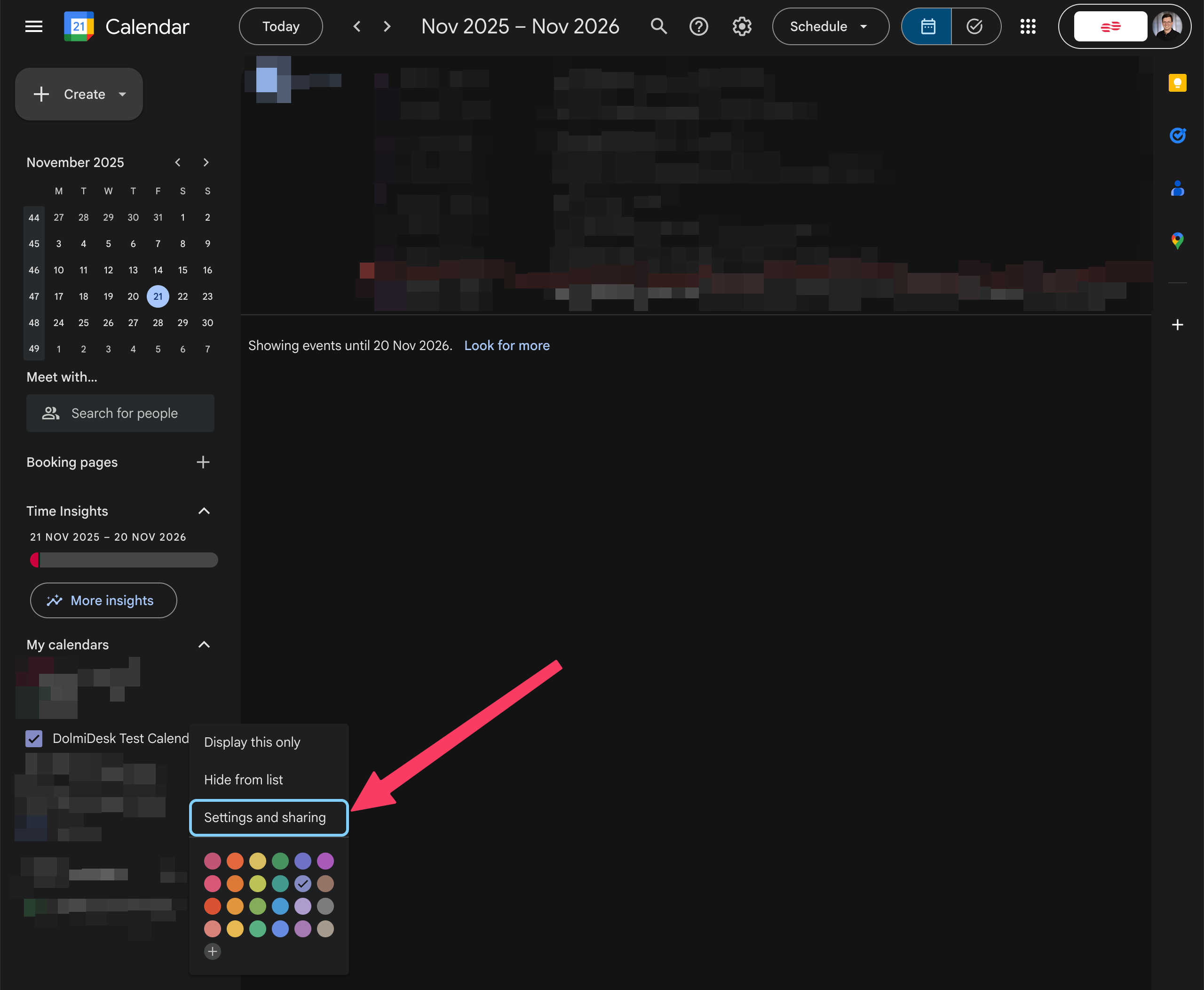 Screenshot der Kalender-Einstellungen Seite