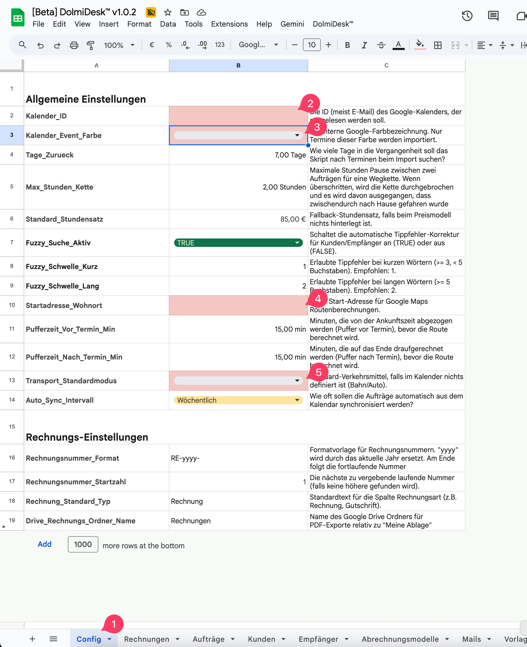 Screenshot der Config Tabelle mit roten Pflichtfeldern