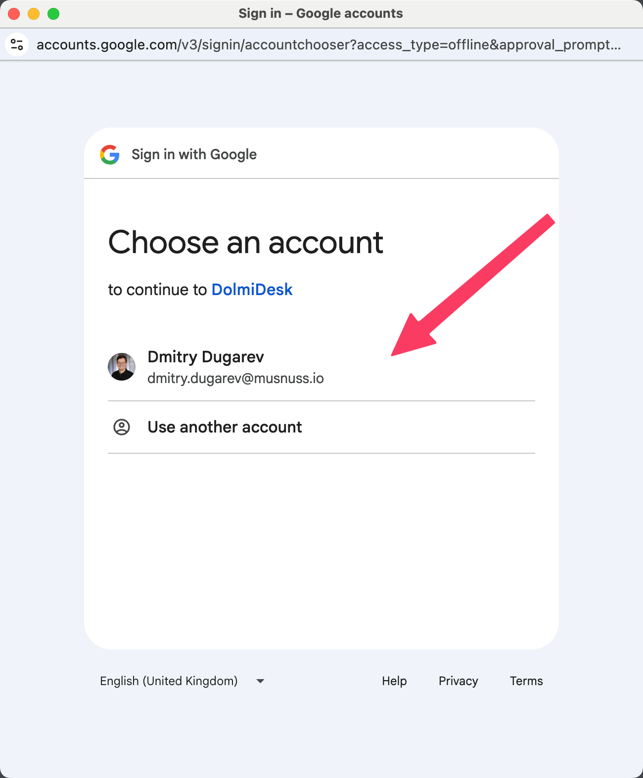 Screenshot des Google Konto Auswahlfensters