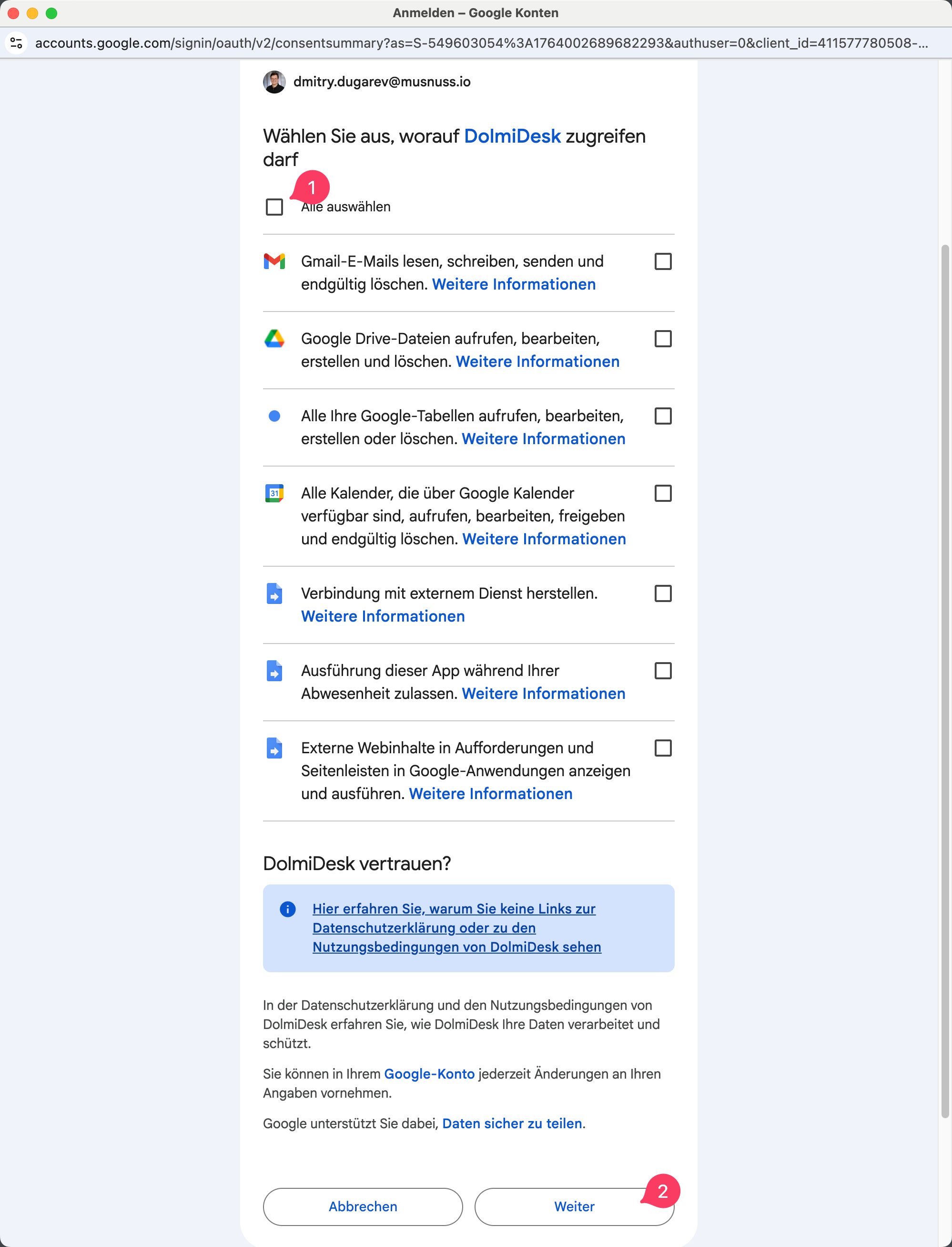 Screenshot der Google Zugriffsanfragen für Kalender, Drive und Gmail