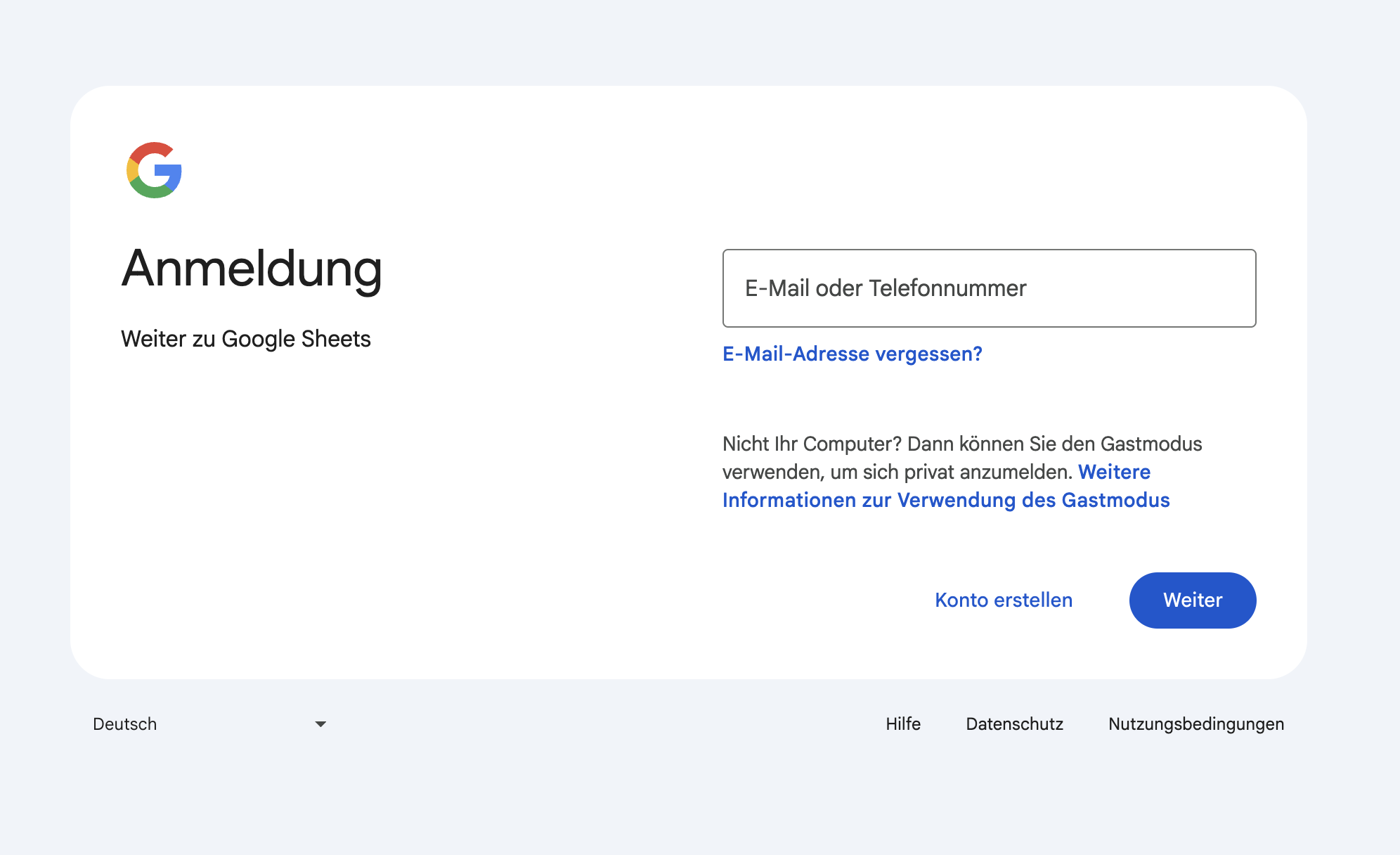 Screenshot der Google Anmeldeseite