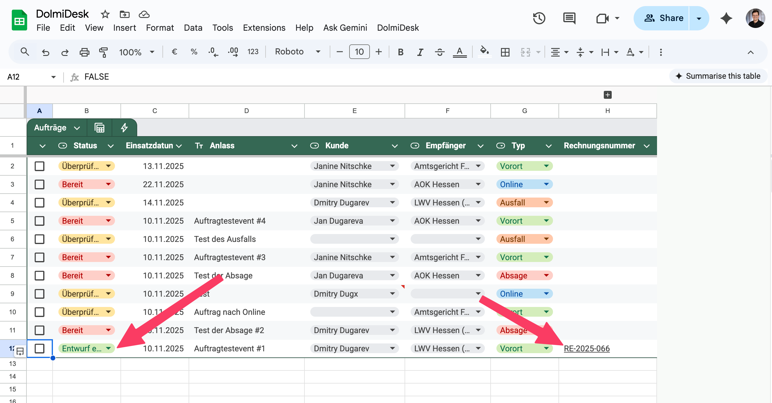 Der Status im Auftrag ändert sich.