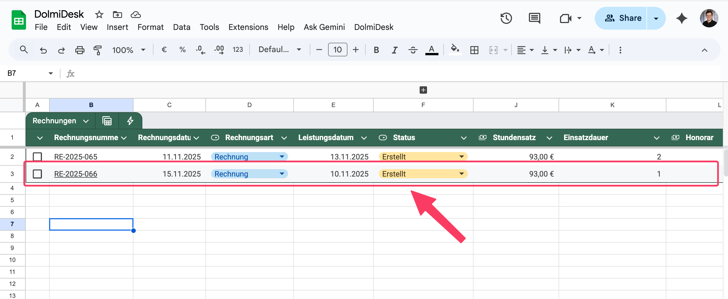 Die neue Zeile in der Tabelle 'Rechnungen'.