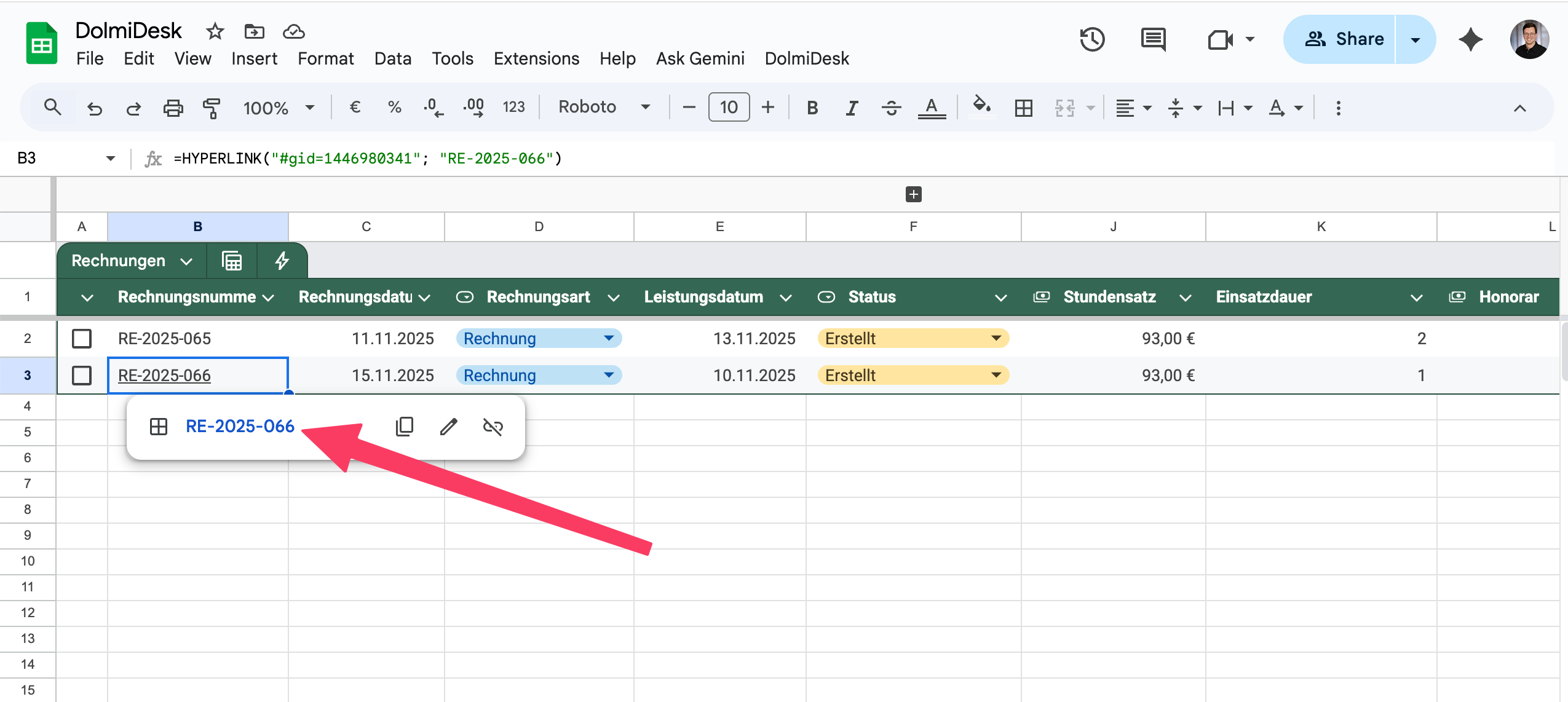 Link zur Rechnung in der Tabelle 'Rechnungen'.