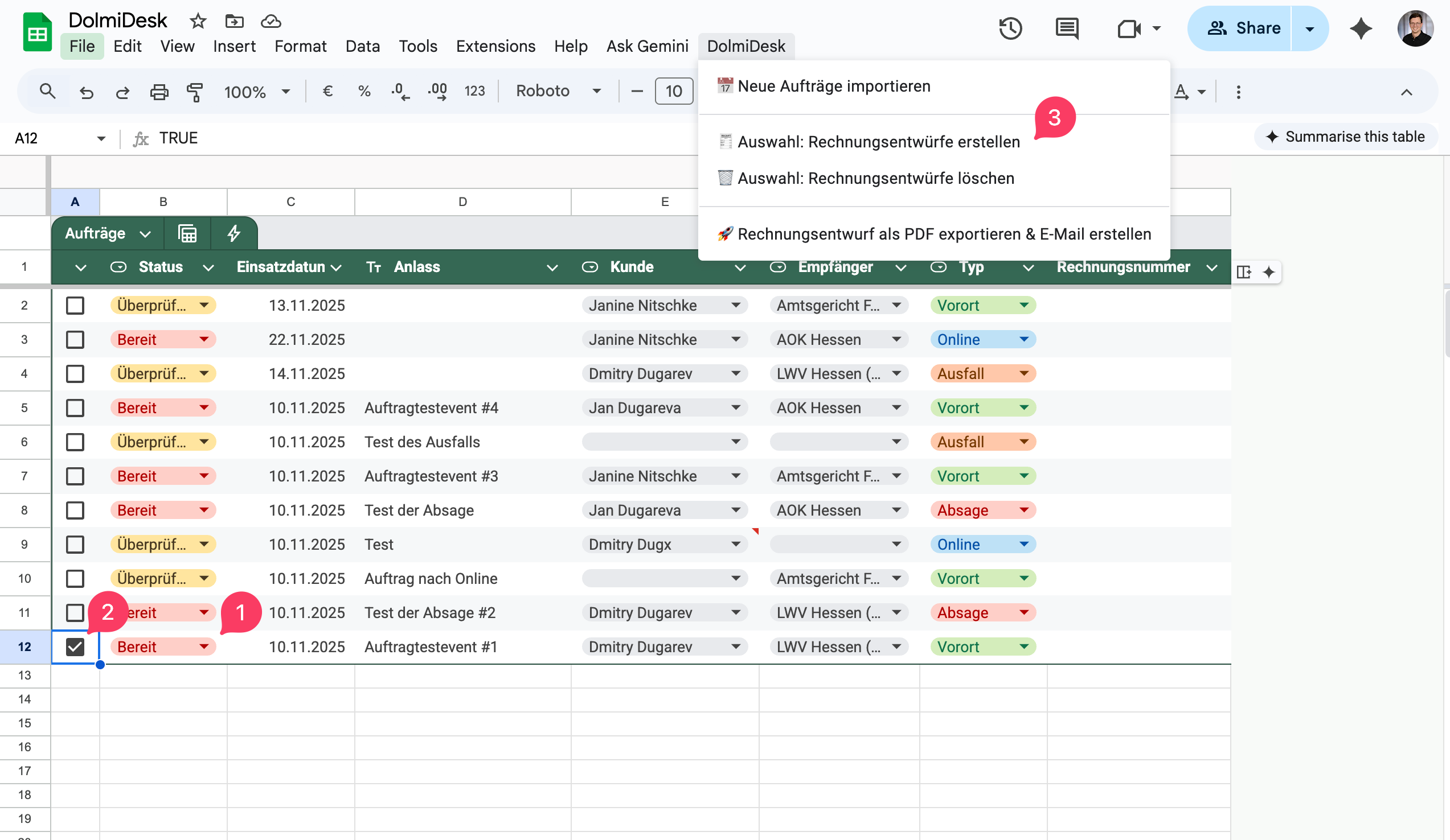 Aufträge mit dem Status 'Bereit' und wie Du sie auswählst und exportierst.