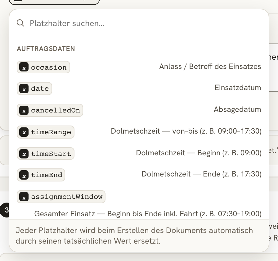 Aufgeklappte Platzhalter-Auswahl mit Suchfeld und der Gruppe Auftragsdaten mit den Einträgen occasion, date, cancelledOn, timeRange und weiteren