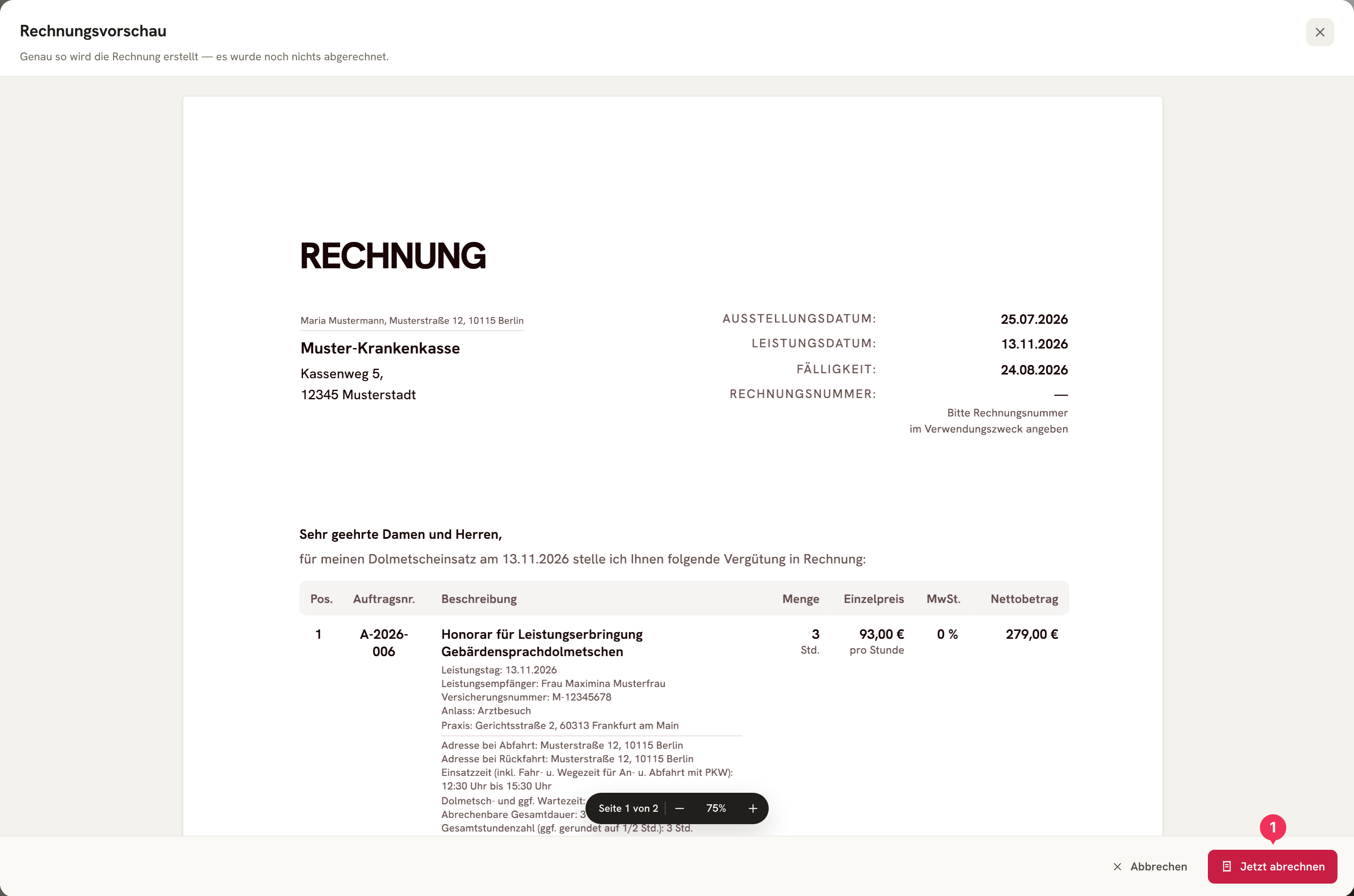 Dialog „Rechnungsvorschau“ mit dem gerenderten Rechnungs-PDF und der rot markierten Schaltfläche „Jetzt abrechnen“