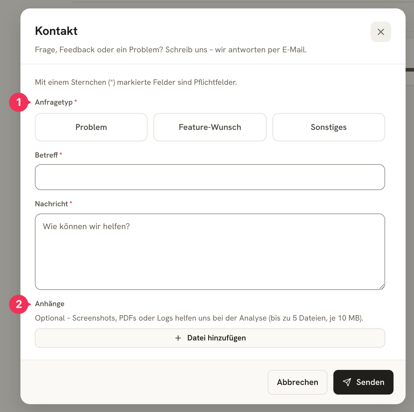 Contact form with Anfragetyp Problem, Feature-Wunsch, or Sonstiges, Betreff, Nachricht, and the Anhänge section