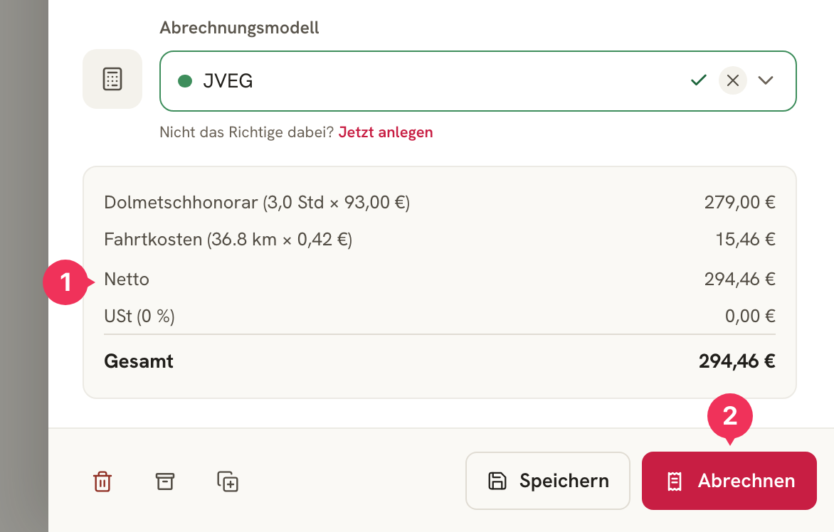 Billing section with interpreting fee 3.0 hrs × €93.00 = €279.00, travel costs 36.8 km × €0.42 = €15.46, total €294.46, and the Abrechnen button