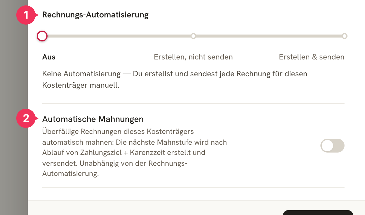 Трёхуровневый ползунок для Rechnungs-Automatisierung со значениями Aus, Erstellen nicht senden и Erstellen & senden, под ним — переключатель для автоматических напоминаний