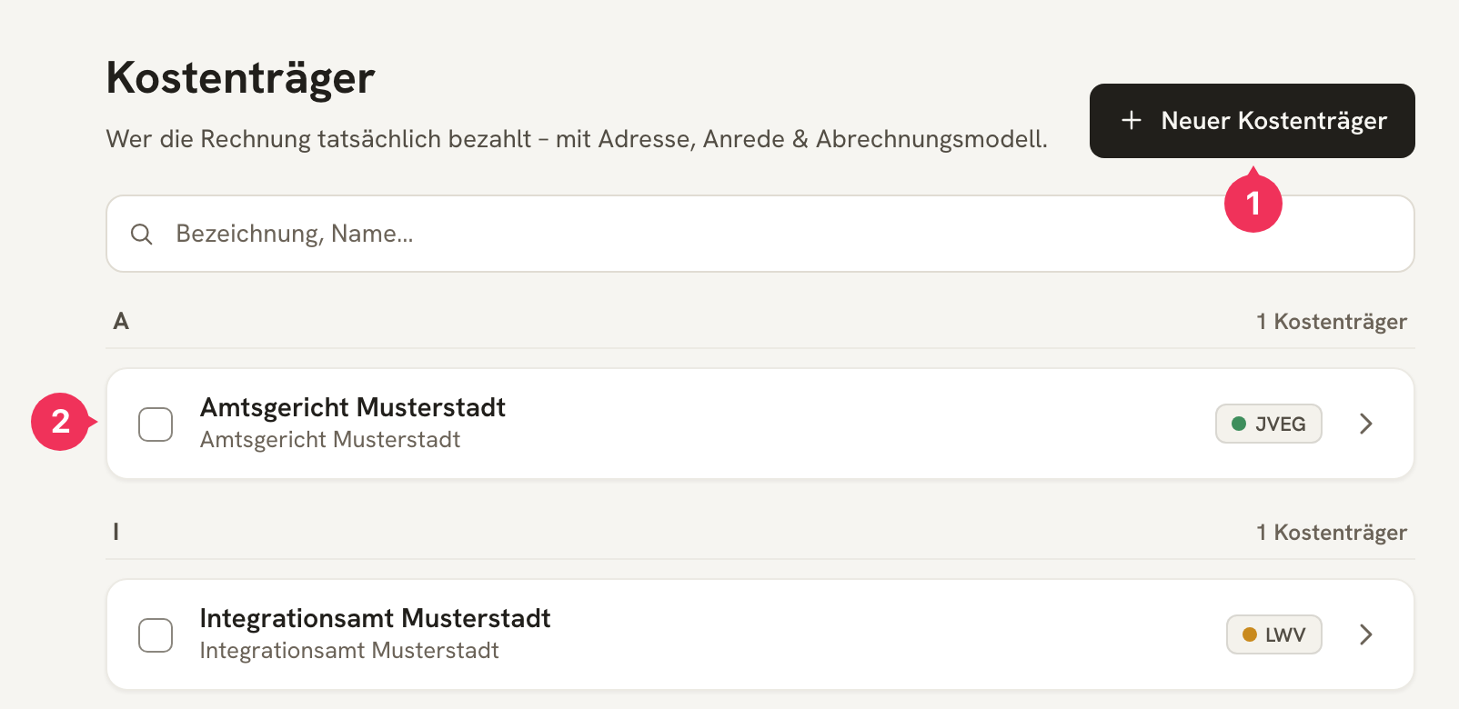 Список Kostenträger с записями «Amtsgericht Musterstadt» и «Integrationsamt Musterstadt»