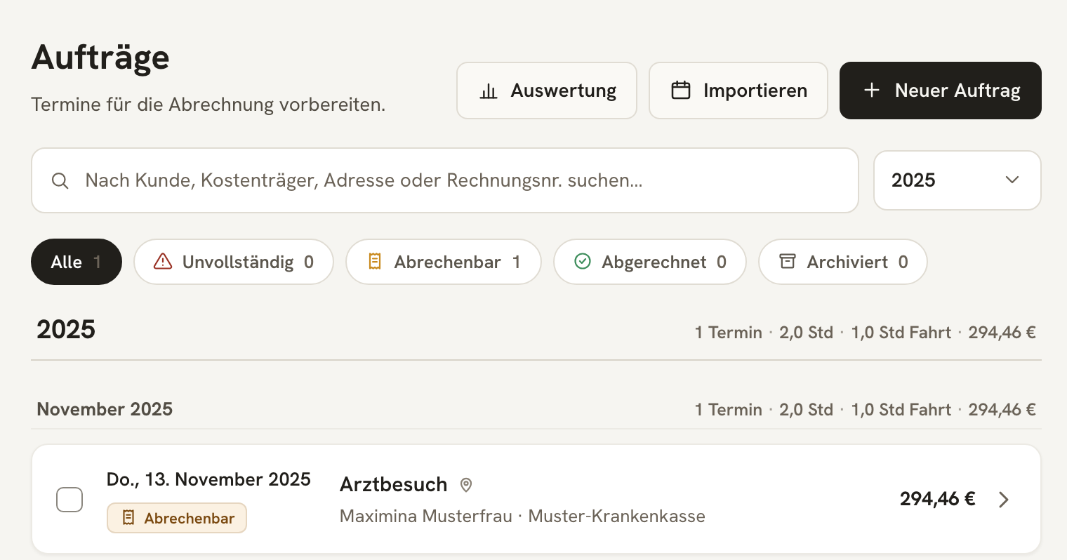 Список заказов с заказом Arztbesuch от 13 ноября 2025 года, статус Abrechenbar, Maximina Musterfrau · Muster-Krankenkasse, 294,46 €