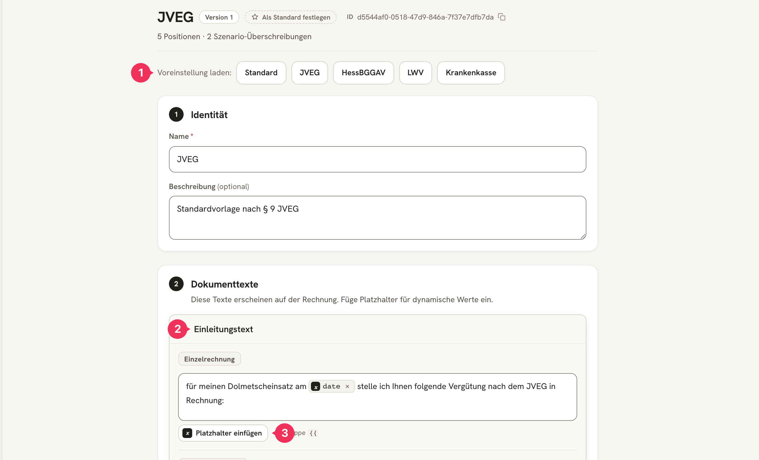 Редактор шаблона JVEG со строкой «Voreinstellung laden», блоком Identität и блоком Dokumenttexte с полем Einleitungstext